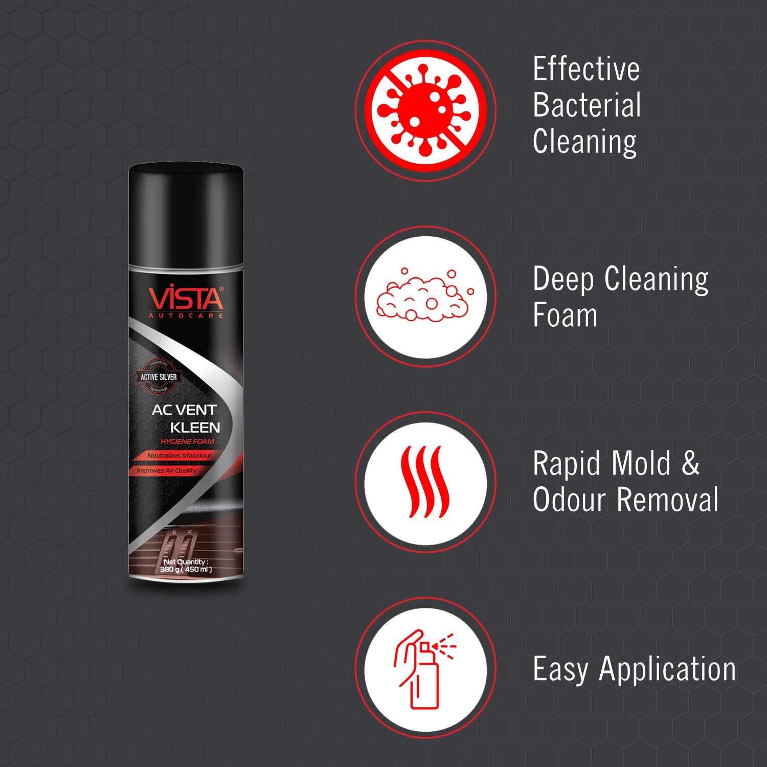Vista AC Vent Kleen - 380g | Hygiene Foam Spray with Extension Tube - Biker.Store - www.biker.store