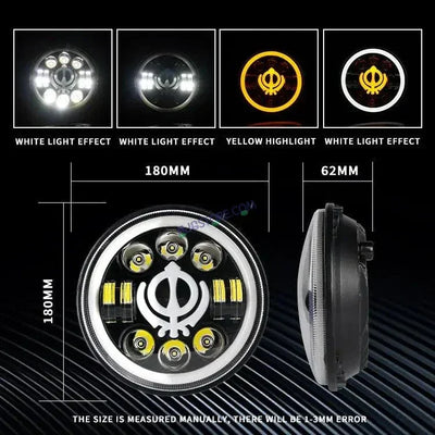 HJG 7 Inch Led Headlight Assembly Halo Lights Dual Color Yellow White 7 Inch Round Motorcycle Lights For Jeeps Universal Car Compatible with Royal Enfield, Jeep & Harley Davidson Khanda - Biker.Store - www.biker.store
