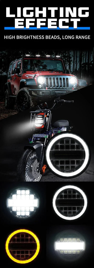 HJG 7 Inch Led Headlight Assembly Halo Lights Dual Color Yellow White 7 Inch Round Motorcycle Lights For Jeeps Universal Car Compatible with Royal Enfield, Jeep & Harley Davidson Diamond - Biker.Store - www.biker.store