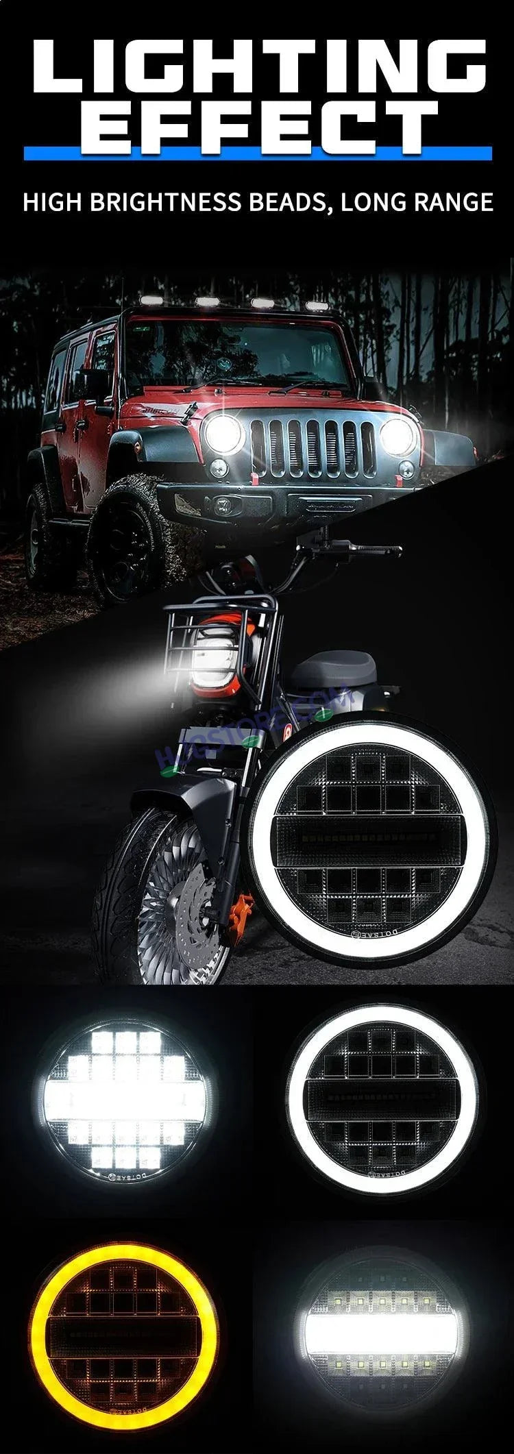 HJG 7 Inch Led Headlight Assembly Halo Lights Dual Color Yellow White 7 Inch Round Motorcycle Lights For Jeeps Universal Car Compatible with Royal Enfield, Jeep & Harley Davidson Diamond - Biker.Store - www.biker.store