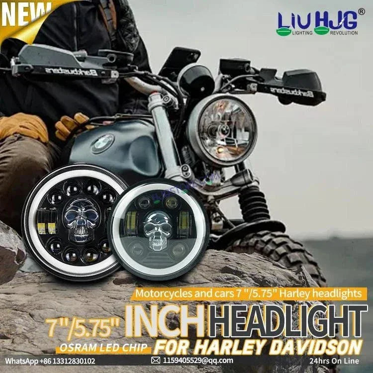 HJG 7 Inch Led Headlight Halo Lights Dual Color Yellow White 30w 7 Inch Round Motorcycle Lights For Jeeps Universal Car Compatible with Royal Enfield, Jeep & Harley Davidson (Harley Boss Headlight) Skull - Biker.Store - www.biker.store