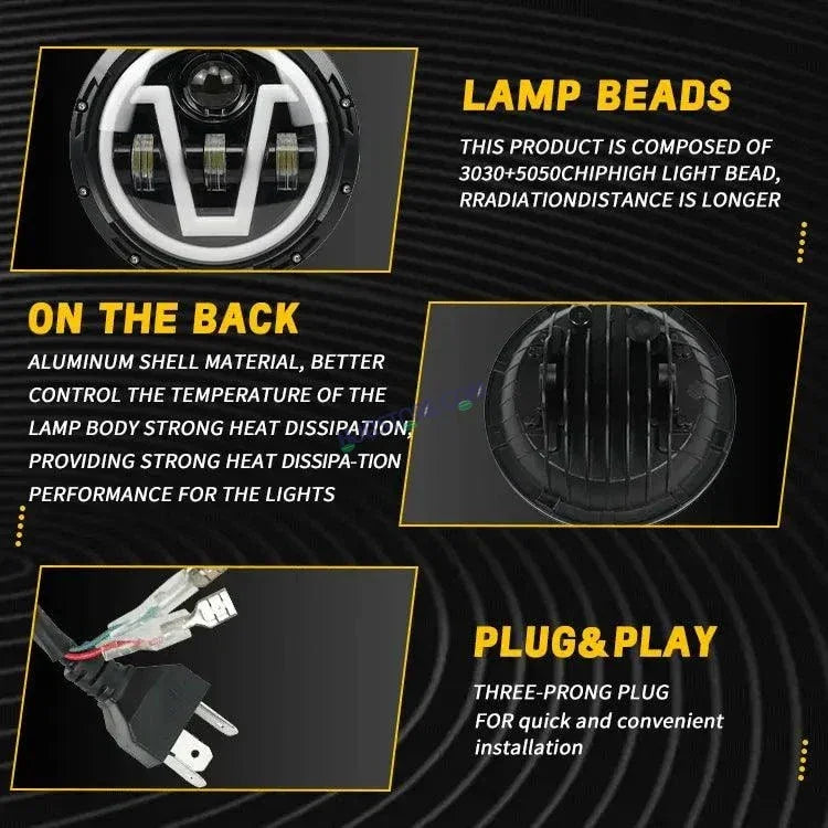 HJG 7 Inch Led Headlight Assembly Halo Lights Dual Color Yellow White 7 Inch Round Motorcycle Lights For Jeeps Universal Car Compatible with Royal Enfield, Jeep & Harley Davidson U 2 - Biker.Store - www.biker.store