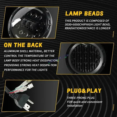 HJG 7 Inch 15 LED Halo Lens 12v Chasing Halo 7'' Inch Round LED Headlight With Ring 231036 Royal Enfield Thar - Biker.Store - www.biker.store