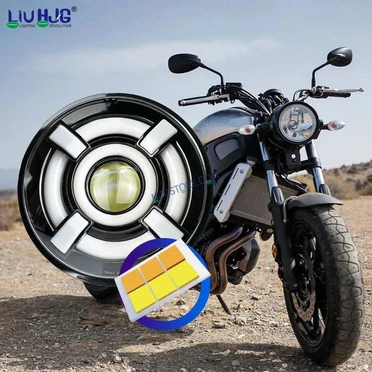 HJG 7 Inch Led Headlight Halo Lights Dual Color Yellow White 30w 7 Inch Round Motorcycle Lights For Jeeps Universal Car Compatible with Royal Enfield, Jeep & Harley Davidson - Biker.Store - www.biker.store