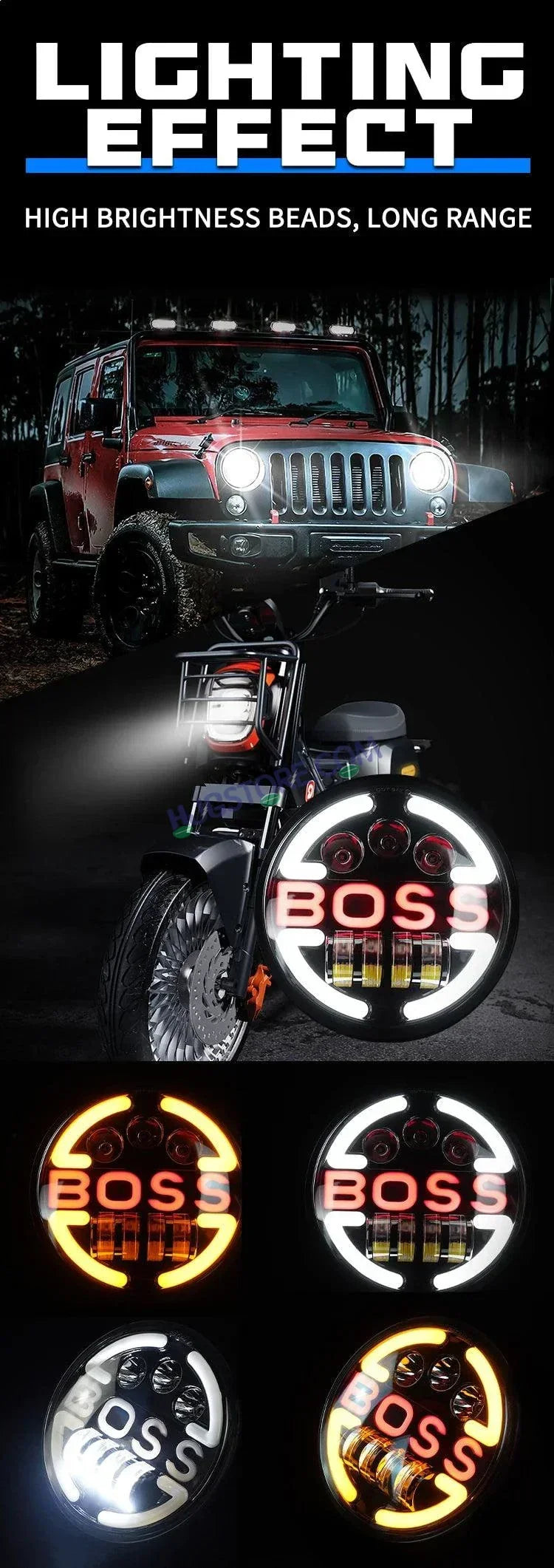 HJG 7 Inch Led Headlight Assembly Halo Lights Dual Color Yellow White 7 Inch Round Motorcycle Lights For Jeeps Universal Car Compatible with Royal Enfield, Jeep & Harley Davidson BOSS 2 - Biker.Store - www.biker.store
