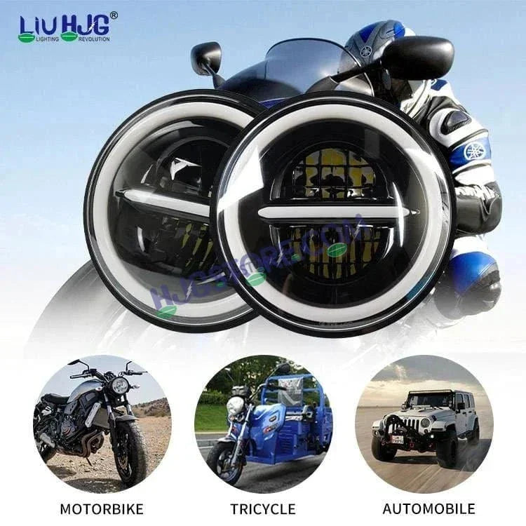 HJG 7 Inch Led Headlight Assembly Halo Lights Dual Color Yellow White 7 Inch Round Motorcycle Lights For Jeeps Universal Car Compatible with Royal Enfield, Jeep & Harley Davidson Minus - Biker.Store - www.biker.store