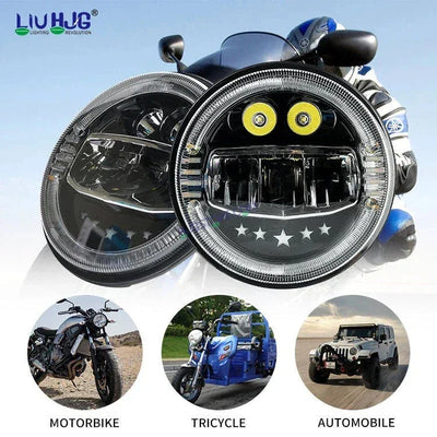 HJG 7 Inch Star White LED Headlight New Model Minus Headlight Assembly for Thar Royal Enfield | 75-120W CREE/Osram LED Chip Multi color Compatible with Royal Enfield, Jeep, Thar, Gypsy - Biker.Store - www.biker.store