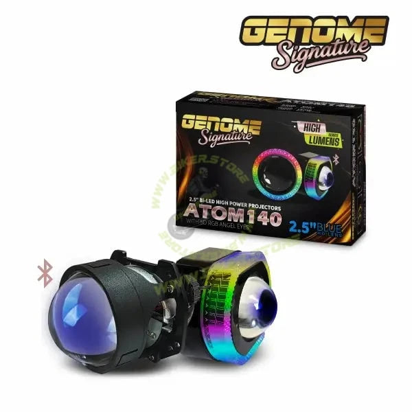 Genome 2.5 Inch RGB Atom 140 Halos LED Headlight Projector 140W (With Mobile App Control, RGB Halos) Headlight Projector 140W High Power 5500K 18000 Lumens High Brightness RGB Color Change - Biker.Store - www.biker.store
