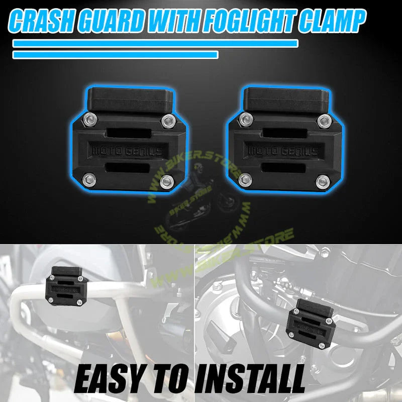 MOTO GENIUS Universal Motorcycle Crash Guard Sliders with Fog Light Clamp Mount | Engine Frame Protector | Auxiliary/Fog Light Bracket Holder | Heavy Duty Bike Safety Guard - Biker.Store - www.biker.store