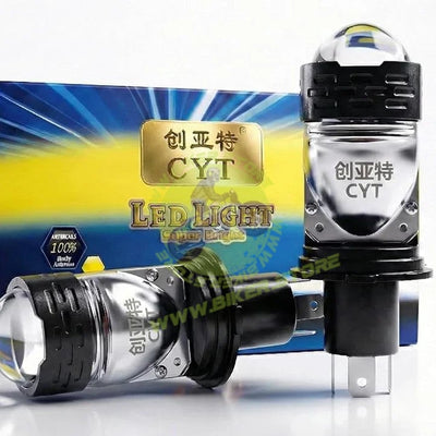CYT H4 Dual Lens Projector LED Headlight Bulb - 6500K Super Bright White, Hi/Lo Beam, High Power CSP Chips, Universal Metal Body for All Bikes & Scooters (CYT) - Biker.Store - www.biker.store