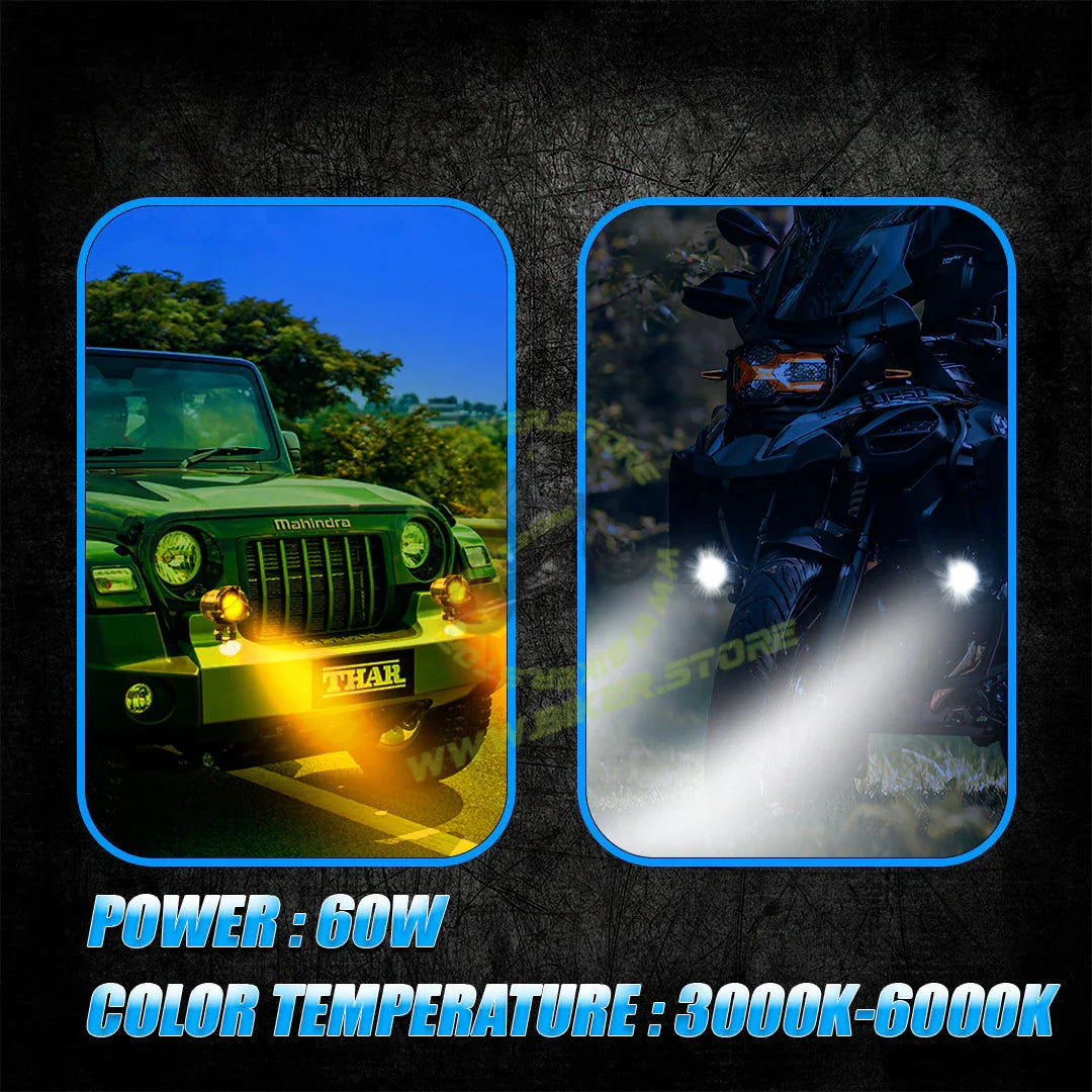 MOTO GENIUS VK350 WITHOUT HARNESS Y-Type Korean Chip LED Fog Light 2-in-1 Spot & Flood Auxiliary Light | Yellow & White Dual Color | Wider Area Coverage | For Bike & Car (Pack of 2) - Biker.Store - www.biker.store