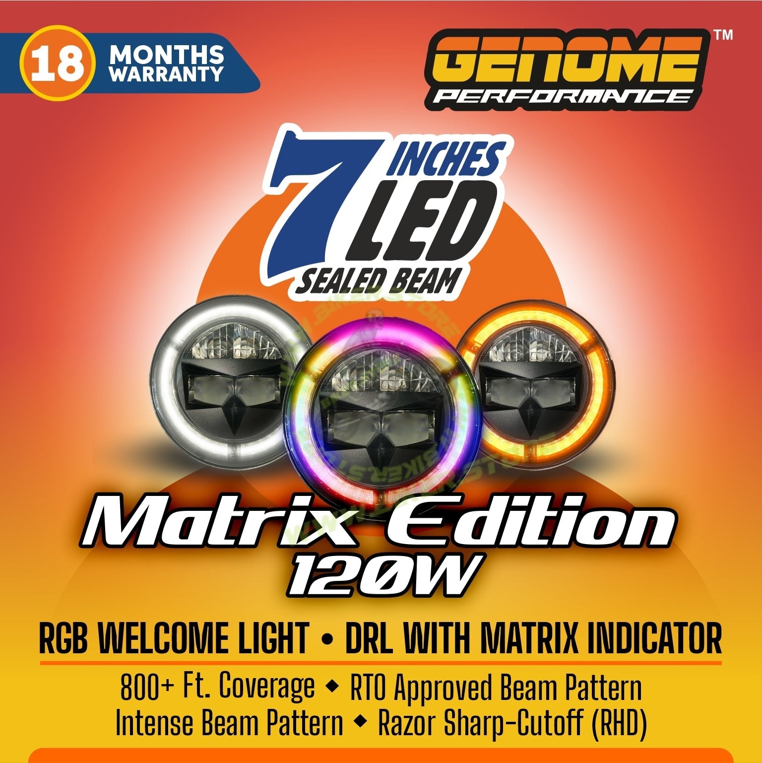 Genome 120W 7 Inch Headlight Assembly Matrix Edition (With RGB Welcome Light), Pack of 2 - Biker.Store - www.biker.store