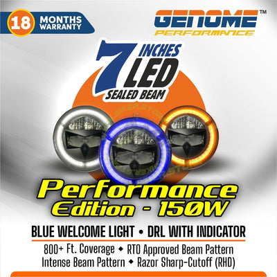 Genome 150W 7 Inch Headlight Assembly Performance Edition (With Blue Welcome Light). Pack of 2 - Biker.Store - www.biker.store