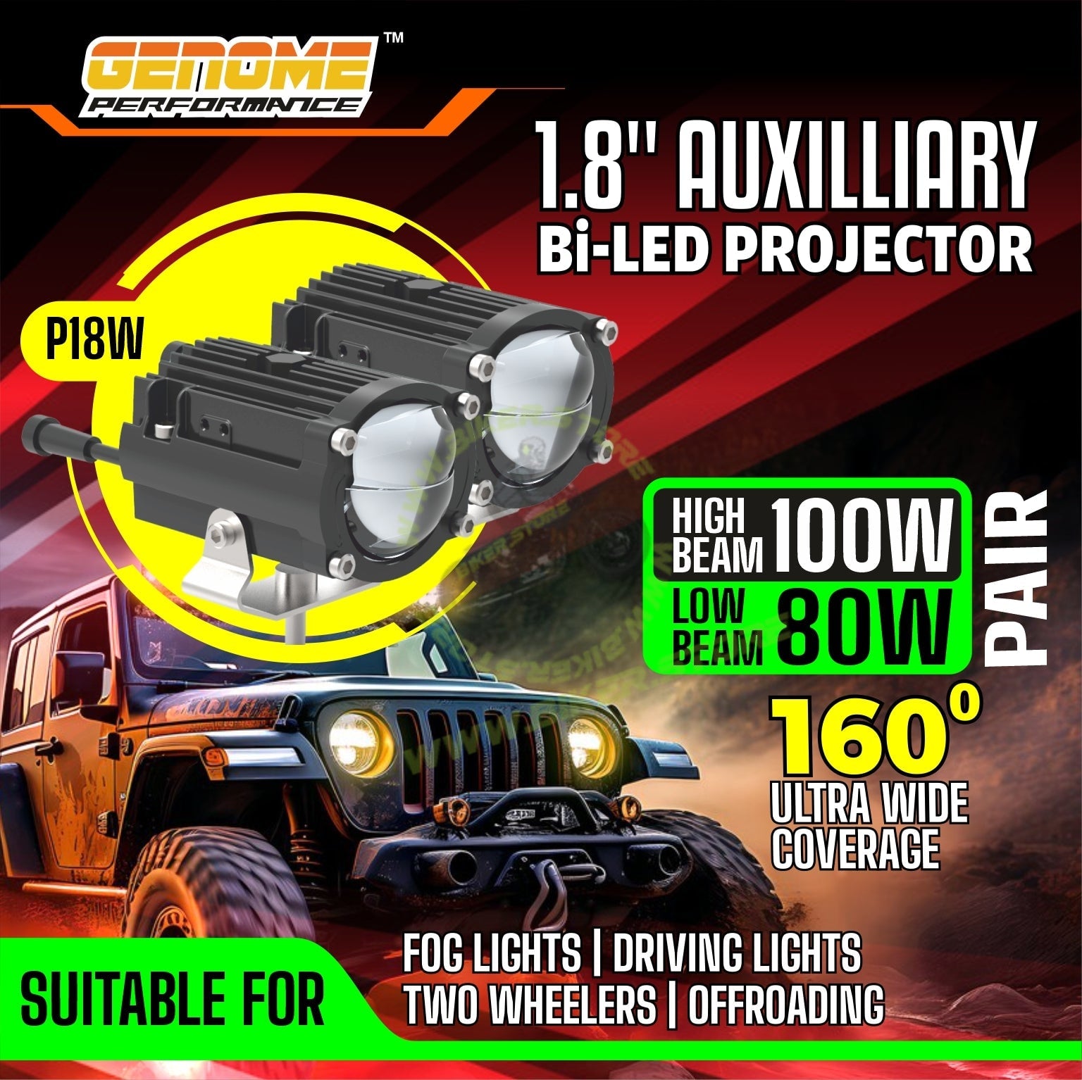 Genome 1.8″ Bi-LED All Weather Projectors (100W,800Ft+ Driving Lights) - Biker.Store - www.biker.store