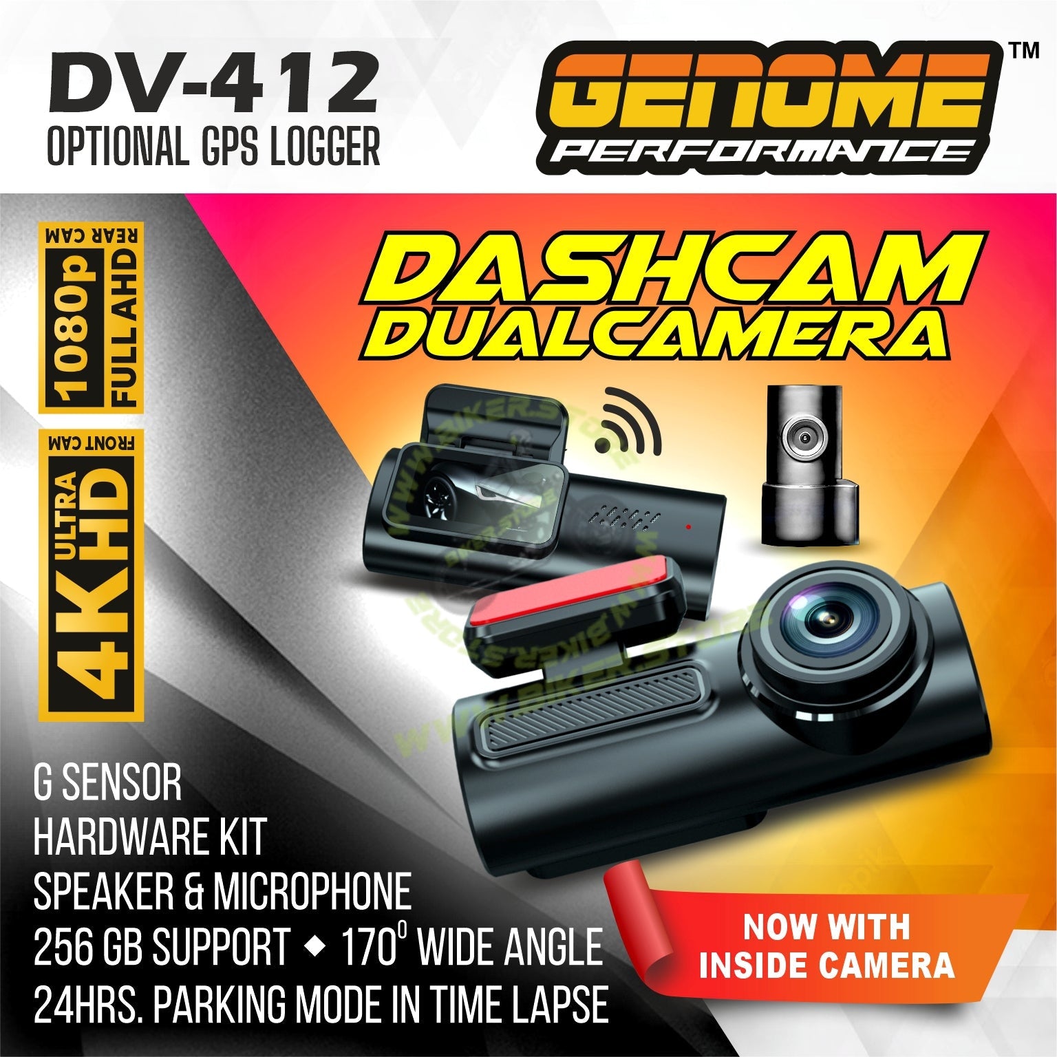 Genome DV412 4K UHD Dashcam (4K + 1K Dual Cam, GPS) - Biker.Store - www.biker.store
