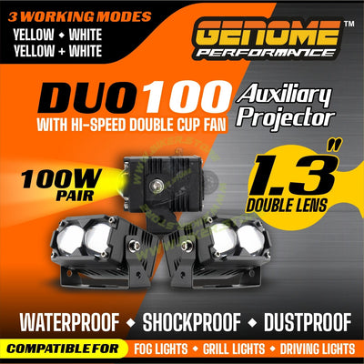 Genome Double Lens, Dual Color Projectors (100W, Grill/Driving/Fog Lights) - Biker.Store - www.biker.store