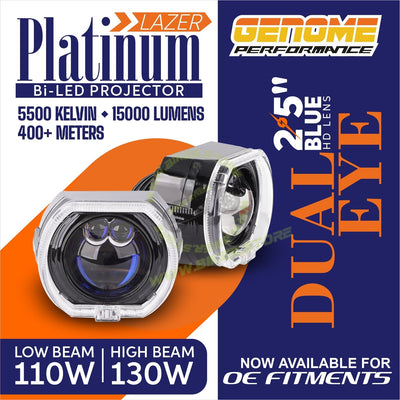Genome 2.5″ Lazer Platinum Bi-LED Projector (With Black Bezels, White Halos) Headlight Projector - Biker.Store - www.biker.store