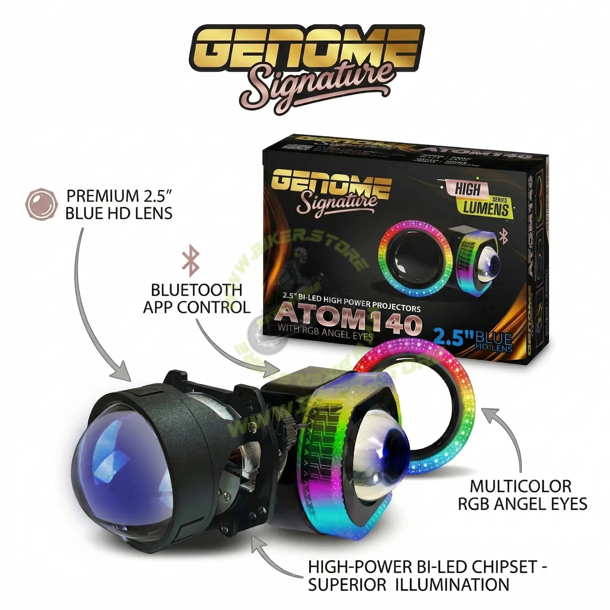 Genome 2.5 Inch RGB Atom 140 Halos LED Headlight Projector 140W (With Mobile App Control, RGB Halos) Headlight Projector 140W High Power 5500K 18000 Lumens High Brightness RGB Color Change - Biker.Store - www.biker.store