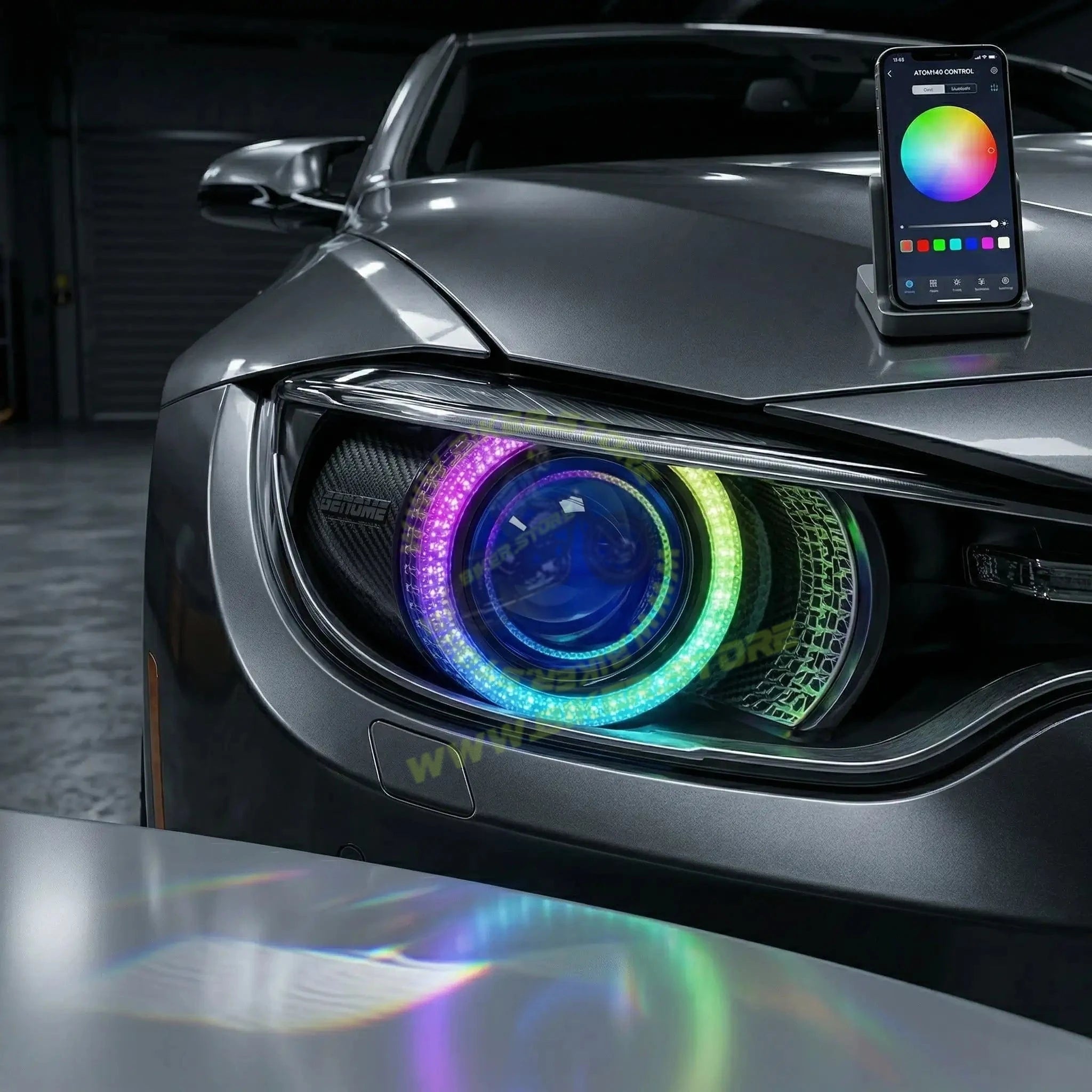 Genome 2.5 Inch RGB Atom 140 Halos LED Headlight Projector 140W (With Mobile App Control, RGB Halos) Headlight Projector 140W High Power 5500K 18000 Lumens High Brightness RGB Color Change - Biker.Store - www.biker.store