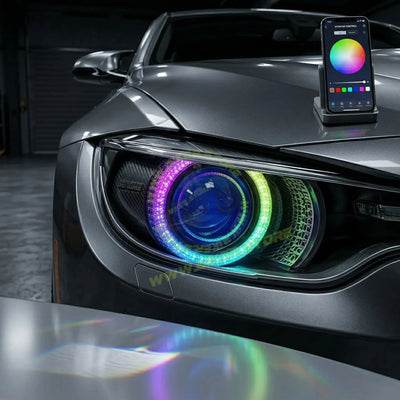Genome 2.5 Inch RGB Atom 140 Halos LED Headlight Projector 140W (With Mobile App Control, RGB Halos) Headlight Projector 140W High Power 5500K 18000 Lumens High Brightness RGB Color Change - Biker.Store - www.biker.store