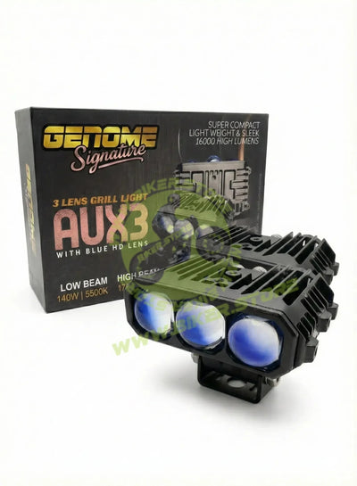 Genome Signature AUX3 3-Lens Grille Light – Super Compact, 16000 High Lumens, Dual Beam (140W/170W) with Blue HD Lens for Fog & Driving - Biker.Store - www.biker.store