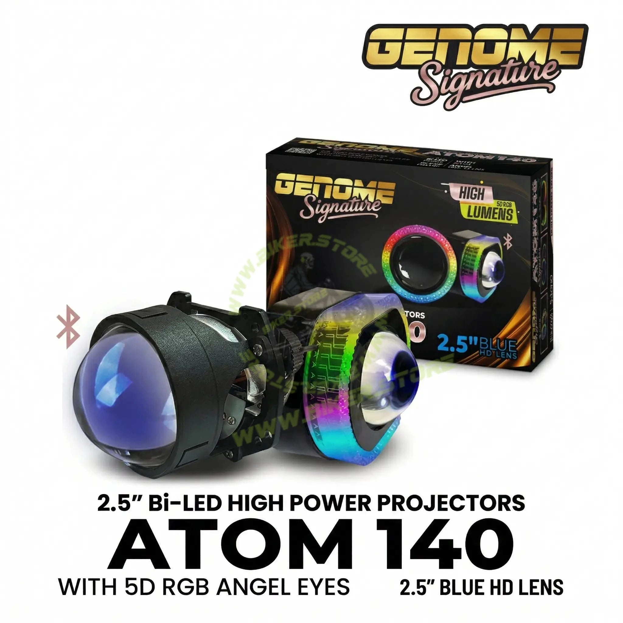 Genome 2.5 Inch RGB Atom 140 Halos LED Headlight Projector 140W (With Mobile App Control, RGB Halos) Headlight Projector 140W High Power 5500K 18000 Lumens High Brightness RGB Color Change - Biker.Store - www.biker.store