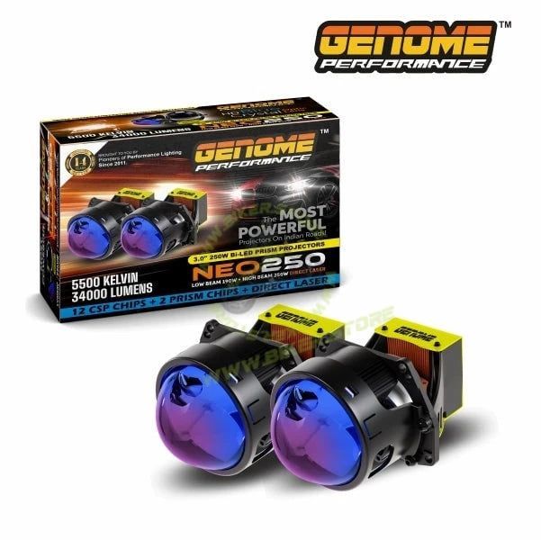 Genome 3 Inch Neo 250 Bi-LED Projector Direct Fit for Hyundai Venue 250W (With Black Bezels, White Halos) Headlight Projector 250W High Power 5500K 34000 Lumens High Brightness - with Customized Bracket for Hyundai Venue - Biker.Store - www.biker.store
