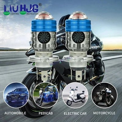 HJG H4 Lens Headlight Bulb with Cooling Fan New Model White Yellow LED Headlight Bulb H4 For All Motorcycles (Low and High Beam Bulbs (White/Yellow) White Yellow 40W Lens) LIU HJG H4 Lens Headlight with Cooling Fan - Type H4 - Biker.Store - www.biker.store