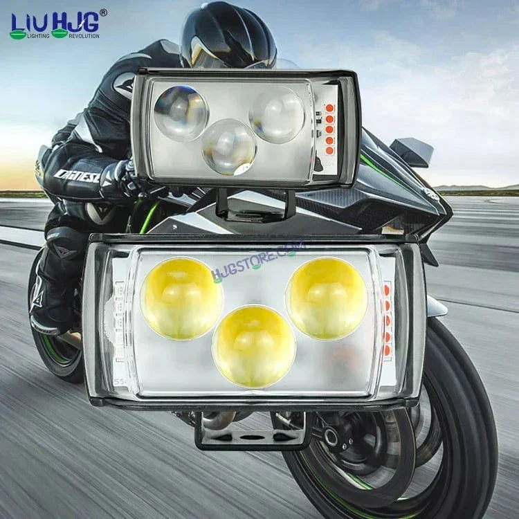 HJG 3 LED Projector Light Bar Fog Light 2pc with Triangular Lens Design 2pc with Red Blue Flash Strobe Fog Light for Bikes and Cars High Power, Heavy clamp and Strong aluminum.(3 LED Fog Light Bar Double) White/Yellow, Red Blue Strobe Flash, Pack of 2 - Biker.Store - www.biker.store