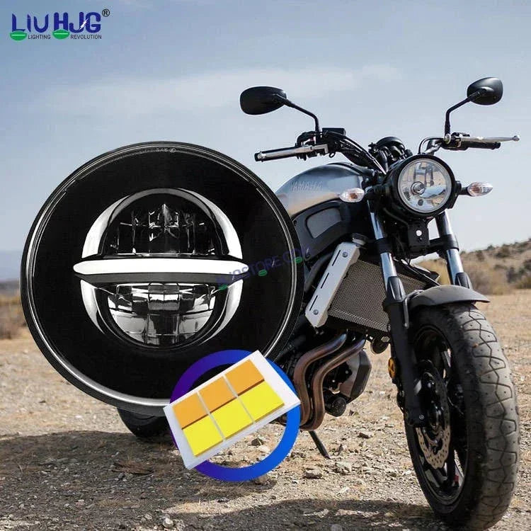 HJG 7 Inch Minus LED Headlight Assembly Halo Lights Dual Color Yellow White 7 Inch Round Motorcycle Lights For Jeeps Universal Car Compatible with Royal Enfield, Jeep & Harley Davidson Minus Line Without Ring - Biker.Store - www.biker.store
