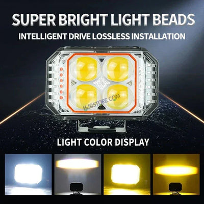 HJG New 4x4 Projector Lens 2pc Foglight with Red Blue Flash 4 LED Projector Fog Quad 4x4 Lens 80W with Red DRL Foglight Ultra Wide Dual Intensity LED Fog Lights White/Yellow/Red Blue Flash (80W) Universal For All Cars & Bikes LIU HJG Projector 4x4 Fog - Biker.Store - www.biker.store