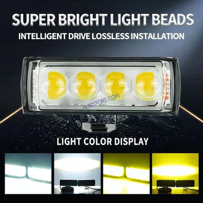 HJG 4 LED Light Bar with Red Blue Flash Strobe Fog Light for Bikes and Cars High Power, Heavy clamp and Strong aluminum. (4 LED Fog Light Bar Single) White/Yellow, Red Blue Strobe Flash, Pack of 1 - Biker.Store - www.biker.store