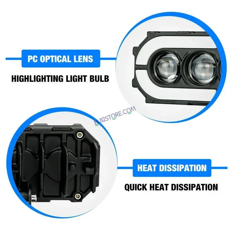 HJG 4 Lens with RGB Ring DRL 4 Projector Lens 2pc Foglight with RGB Ring 4 LED Projector Fog 120W with RGB DRL Foglight Ultra Wide Dual Intensity LED Fog Lights White/Yellow/RGB DRL Projector (120W) Universal For All Cars & Bikes LIU HJG 4 Lens RGB Ring - Biker.Store - www.biker.store