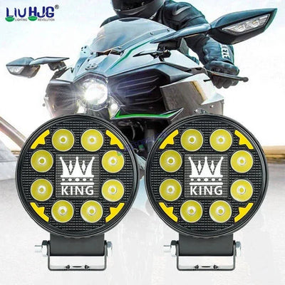 HJG 8 LED New Model KING Fog Light 60W LIU HJG Round Fog Light with DRL For Universal For Bike Universal For Car (Set of 2) 60W HJG KING Round Foglight with Red DRL, Flash Mode - Biker.Store - www.biker.store
