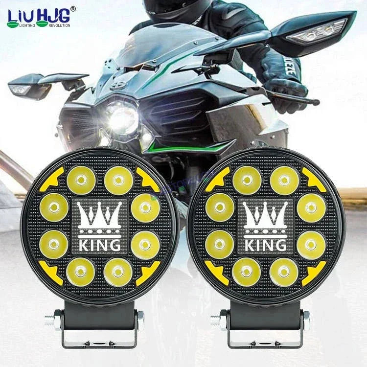 HJG 8 LED New Model KING Fog Light 60W LIU HJG Round Fog Light with DRL For Universal For Bike Universal For Car (Set of 2) 60W HJG KING Round Foglight with Red DRL, Flash Mode - Biker.Store - www.biker.store