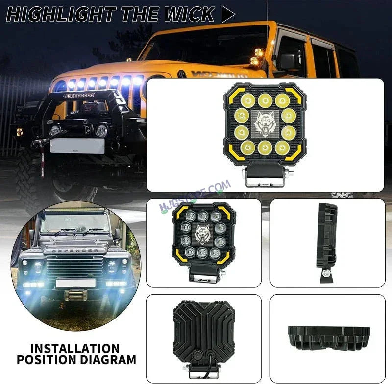 HJG 11 LED New Model Wolf Fog Light 60W LIU HJG Square Fog Light with DRL For Universal For Bike Universal For Car (Set of 2) 60W HJG Wolf Foglight with Red DRL, Flash Mode - Biker.Store - www.biker.store