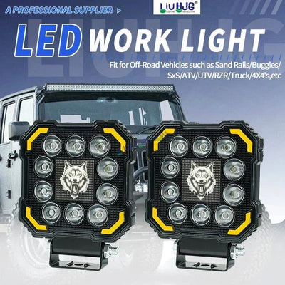 HJG 11 LED New Model Wolf Fog Light 60W LIU HJG Square Fog Light with DRL For Universal For Bike Universal For Car (Set of 2) 60W HJG Wolf Foglight with Red DRL, Flash Mode - Biker.Store - www.biker.store