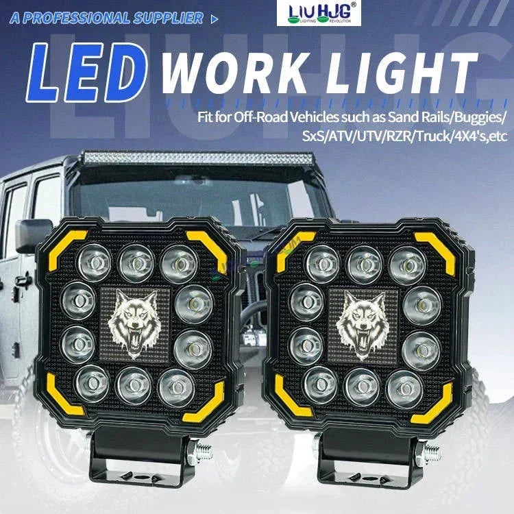 HJG 11 LED New Model Wolf Fog Light 60W LIU HJG Square Fog Light with DRL For Universal For Bike Universal For Car (Set of 2) 60W HJG Wolf Foglight with Red DRL, Flash Mode - Biker.Store - www.biker.store