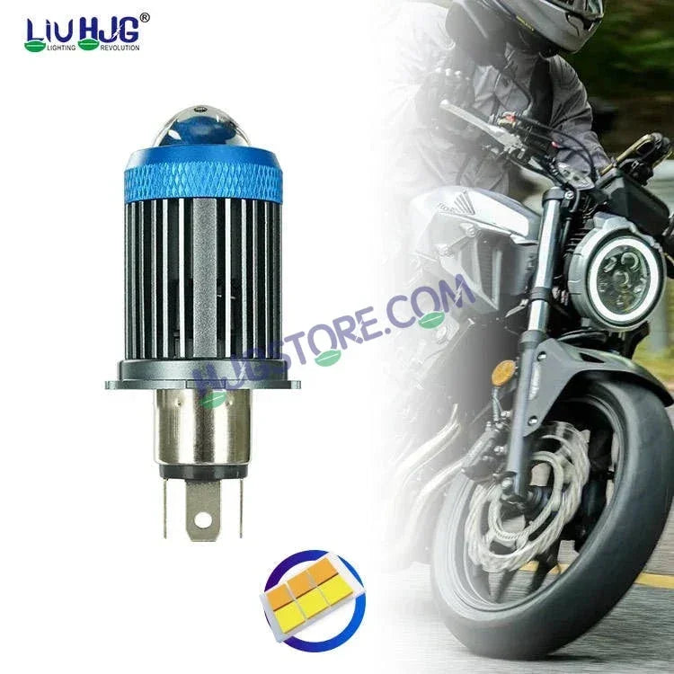 HJG H4 Lens LED Ice Blue Devil Lens New Model Ice Blue White Yellow LED Headlight Bulb H4 For All Motorcycles (Low and High Beam Bulbs (White/Yellow/Ice Blue) Ice Blue DRL White Yellow 50W Lens) - 12V DC Hi/Lo Type H4 - Biker.Store - www.biker.store