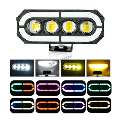 HJG 4 Lens with RGB Ring DRL 4 Projector Lens 2pc Foglight with RGB Ring 4 LED Projector Fog 120W with RGB DRL Foglight Ultra Wide Dual Intensity LED Fog Lights White/Yellow/RGB DRL Projector (120W) Universal For All Cars & Bikes LIU HJG 4 Lens RGB Ring - Biker.Store - www.biker.store