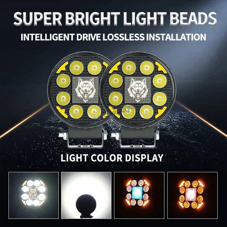 HJG 8 LED New Model Wolf Fog Light 60W LIU HJG Round Fog Light with DRL For Universal For Bike Universal For Car (Set of 2) 60W HJG Wolf Round Foglight with Red DRL, Flash Mode - Biker.Store - www.biker.store