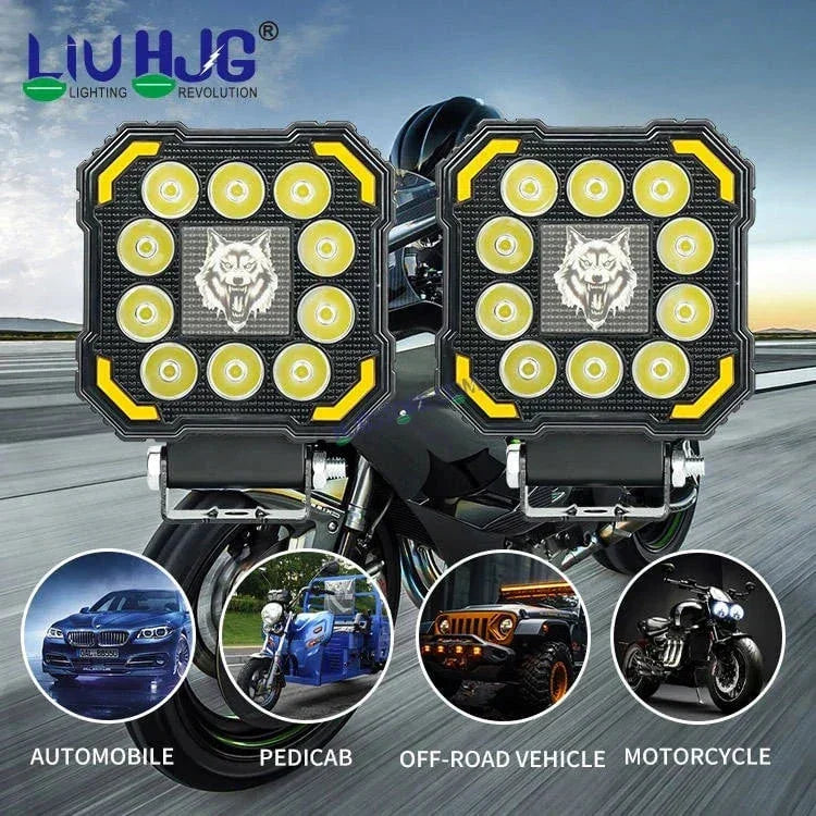 HJG 11 LED New Model Wolf Fog Light 60W LIU HJG Square Fog Light with DRL For Universal For Bike Universal For Car (Set of 2) 60W HJG Wolf Foglight with Red DRL, Flash Mode - Biker.Store - www.biker.store