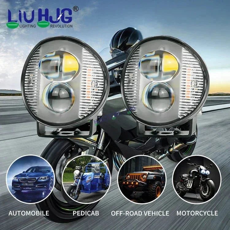 HJG 2 LED Round New with Red Blue Flash Strobe 1pc LIU HJG Fog Light for Bikes and Cars High Power, Heavy clamp and Strong aluminum. (2 LED Round Fog White/Yellow with Red/Blue Flash) White/Yellow Projector, Red Blue Strobe Flash, Pack of 1 - Biker.Store - www.biker.store