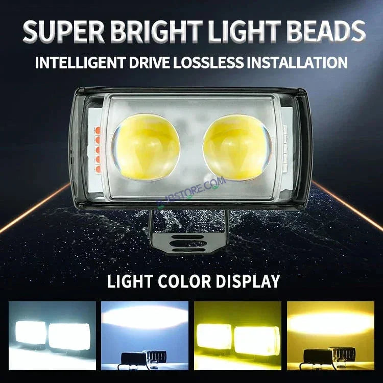 HJG 2 LED with Red Blue Flash Strobe 2pc LIU HJG Fog Light with Switch Combo for Bikes and Cars High Power, Heavy clamp and Strong aluminum. (2 LED Fog) White/Yellow Projector, Red Blue Strobe Flash - Biker.Store - www.biker.store
