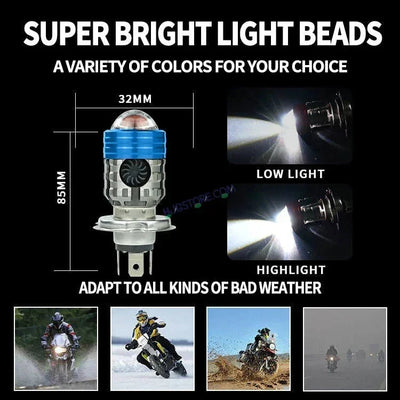 HJG H4 Lens Headlight Bulb with Cooling Fan New Model White Yellow LED Headlight Bulb H4 For All Motorcycles (Low and High Beam Bulbs (White/Yellow) White Yellow 40W Lens) LIU HJG H4 Lens Headlight with Cooling Fan - Type H4 - Biker.Store - www.biker.store