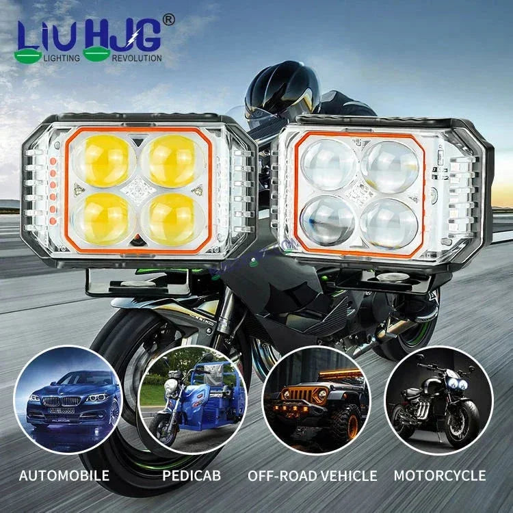 HJG New 4x4 Projector Lens 1pc Foglight with Red Blue Flash 4 LED Projector Fog Quad 4x4 Lens 40W with Red DRL Foglight Ultra Wide Dual Intensity LED Fog Lights White/Yellow/Red Blue Flash (40W) Universal For All Cars & Bikes LIU HJG Projector 4x4 Fog - Biker.Store - www.biker.store