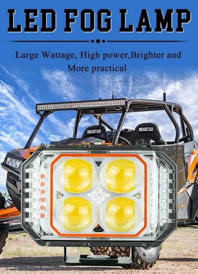 HJG New 4x4 Projector Lens 2pc Foglight with Red Blue Flash 4 LED Projector Fog Quad 4x4 Lens 80W with Red DRL Foglight Ultra Wide Dual Intensity LED Fog Lights White/Yellow/Red Blue Flash (80W) Universal For All Cars & Bikes LIU HJG Projector 4x4 Fog - Biker.Store - www.biker.store