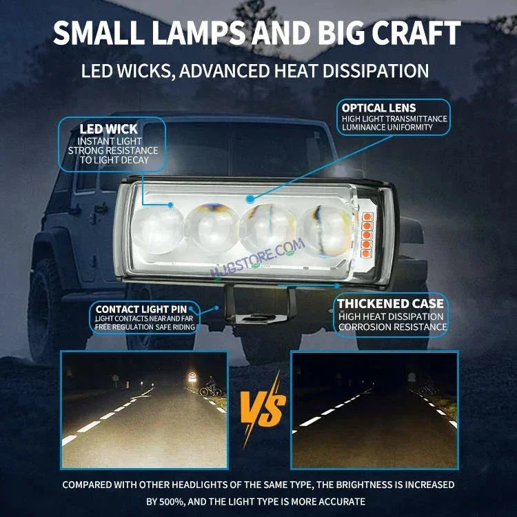 HJG 4 LED Light Bar with Red Blue Flash Strobe Fog Light for Bikes and Cars High Power, Heavy clamp and Strong aluminum. (4 LED Fog Light Bar Single) White/Yellow, Red Blue Strobe Flash, Pack of 1 - Biker.Store - www.biker.store