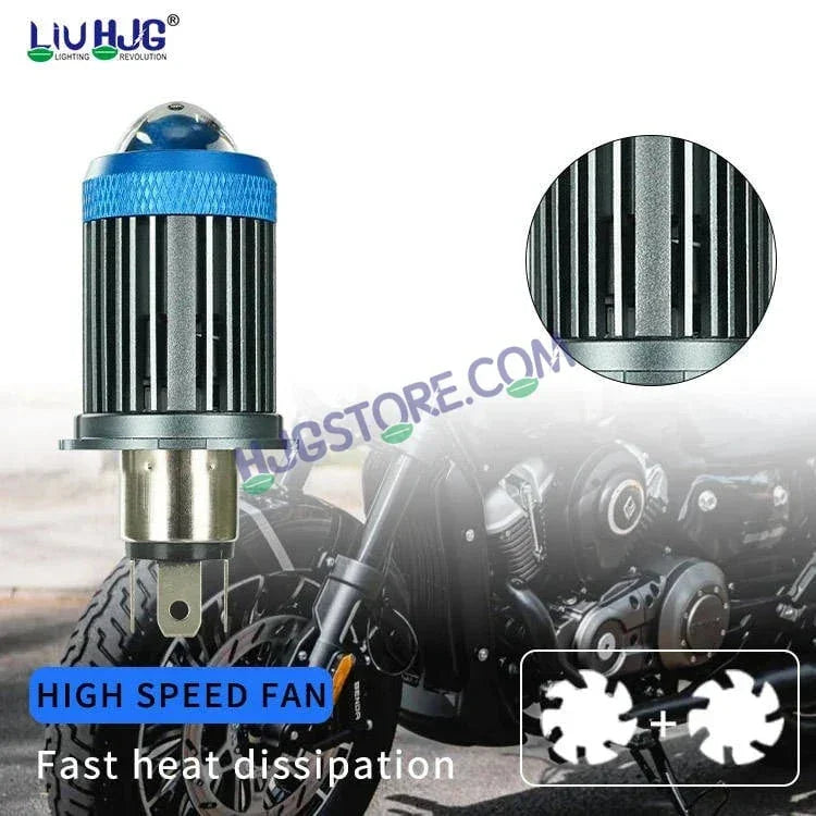 HJG H4 Lens LED Ice Blue Devil Lens New Model Ice Blue White Yellow LED Headlight Bulb H4 For All Motorcycles (Low and High Beam Bulbs (White/Yellow/Ice Blue) Ice Blue DRL White Yellow 50W Lens) - 12V DC Hi/Lo Type H4 - Biker.Store - www.biker.store