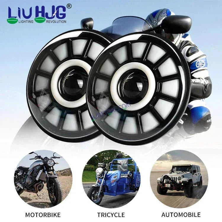 HJG 7 Inch Chakri Multi Color LED Headlight Chakra Headlight Assembly for Thar Royal Enfield | 75-120W CREE/Osram LED Chip Multi color Compatible with Royal Enfield, Jeep, Thar, Gypsy - Biker.Store - www.biker.store